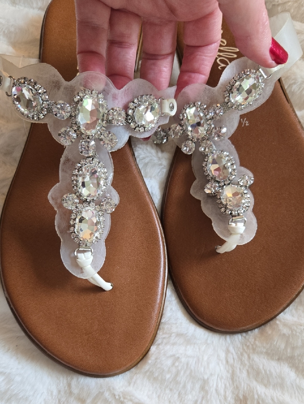 Toscanella Embellished White Jeweled Thong Sandals - Women 7.5